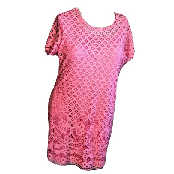 Isaac Mizrahi Live Womens Dress Stretch  Sz Large Pink Lace Fringe Short Sleeve - Picture 1 of 14